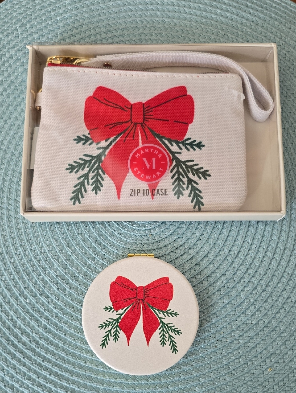 Martha Stewart Brand Women's Holiday Cream Canvas ID Pouch and Compact Mirror